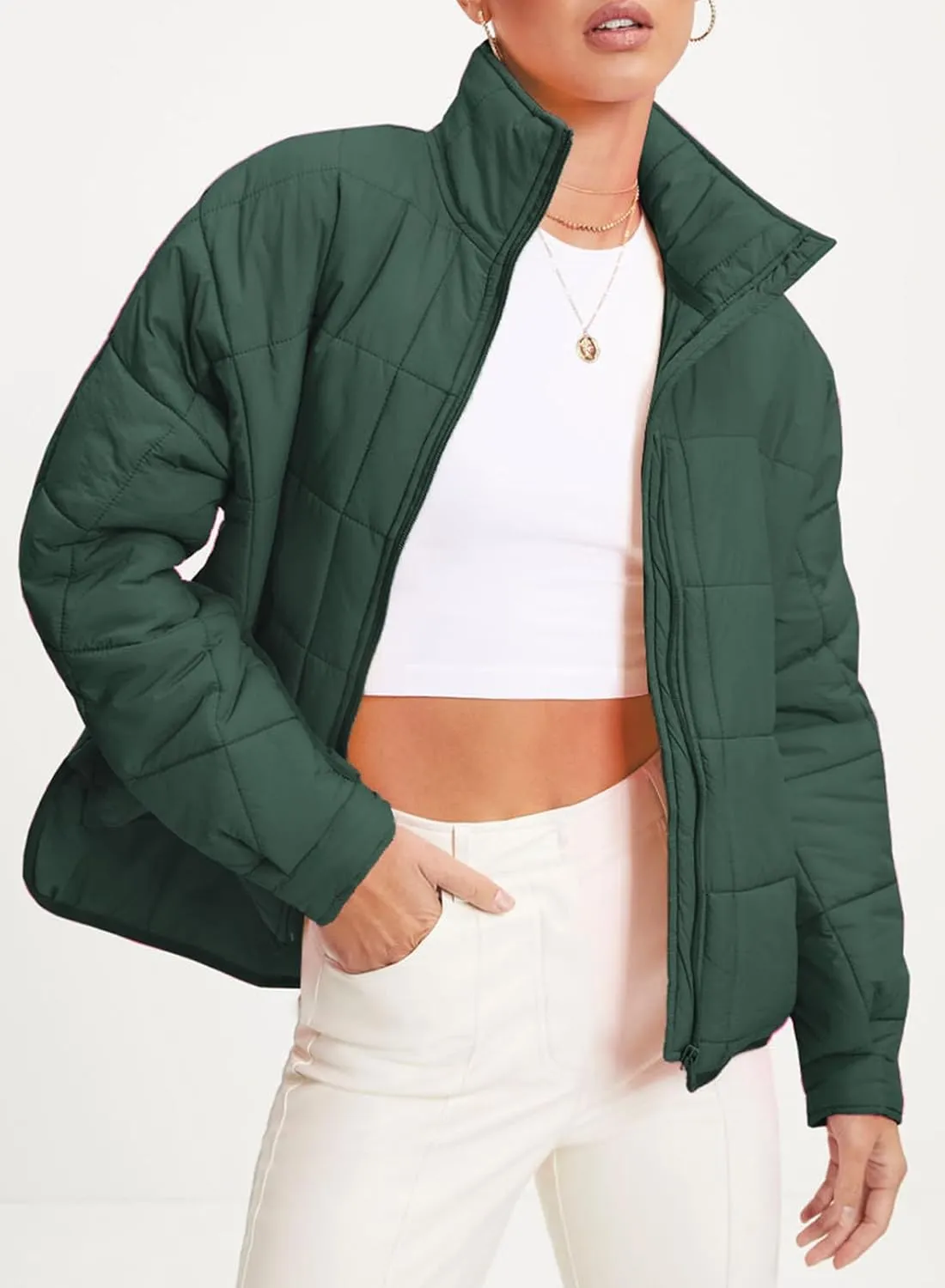 EVALESS Womens Quilted Puffer Jackets Lightweight Long Sleeve Zip Up Winter Coats Fashion 2024 Fall Outfits With Pockets