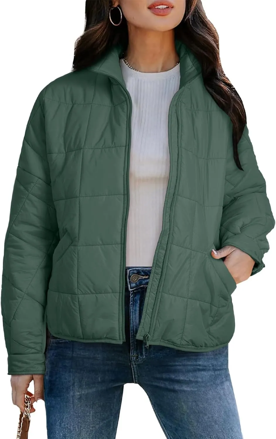 EVALESS Womens Quilted Puffer Jackets Lightweight Long Sleeve Zip Up Winter Coats Fashion 2024 Fall Outfits With Pockets