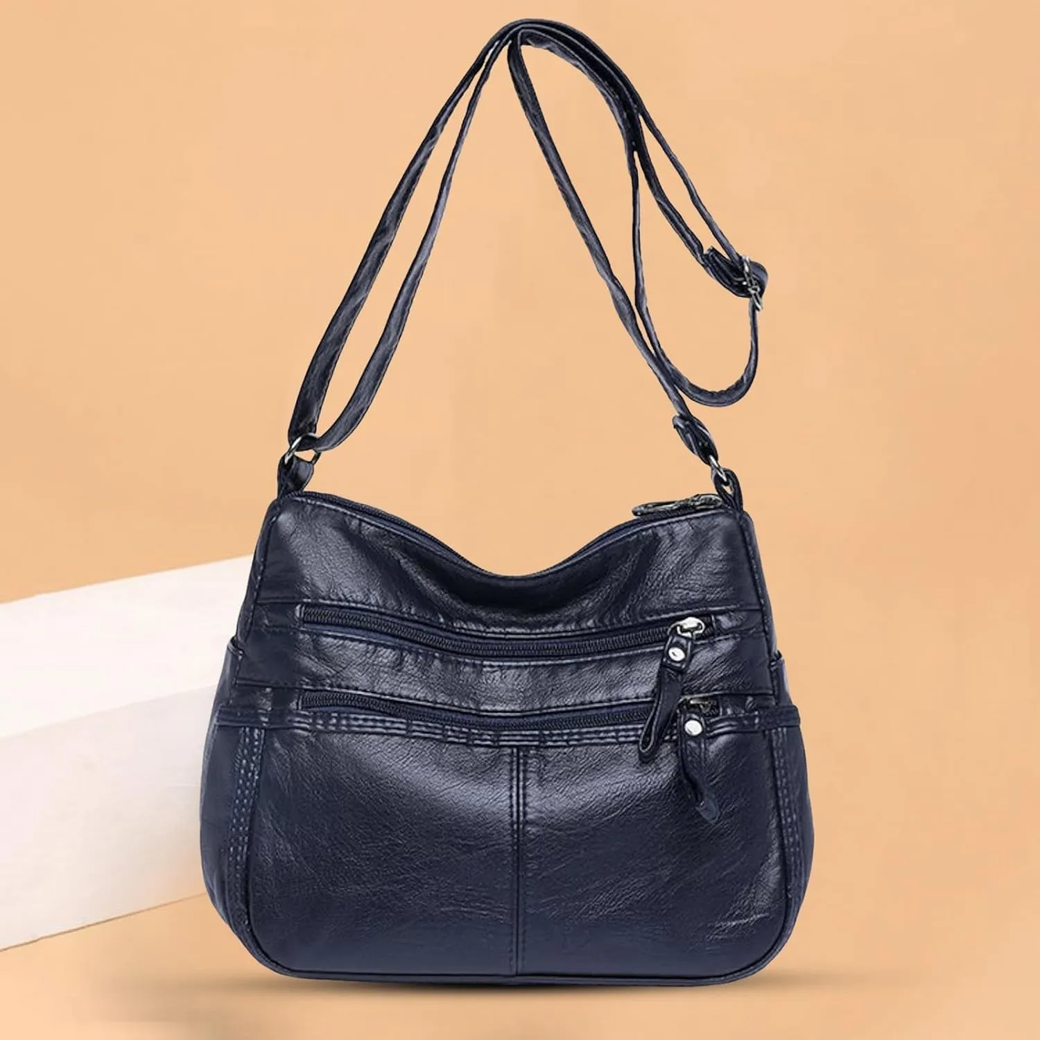 Fashion Casual Women's Retro Soft Leather Zipper Double Pocket Shoulder Messenger Bags Rustic Shoulder (Blue, One Size)