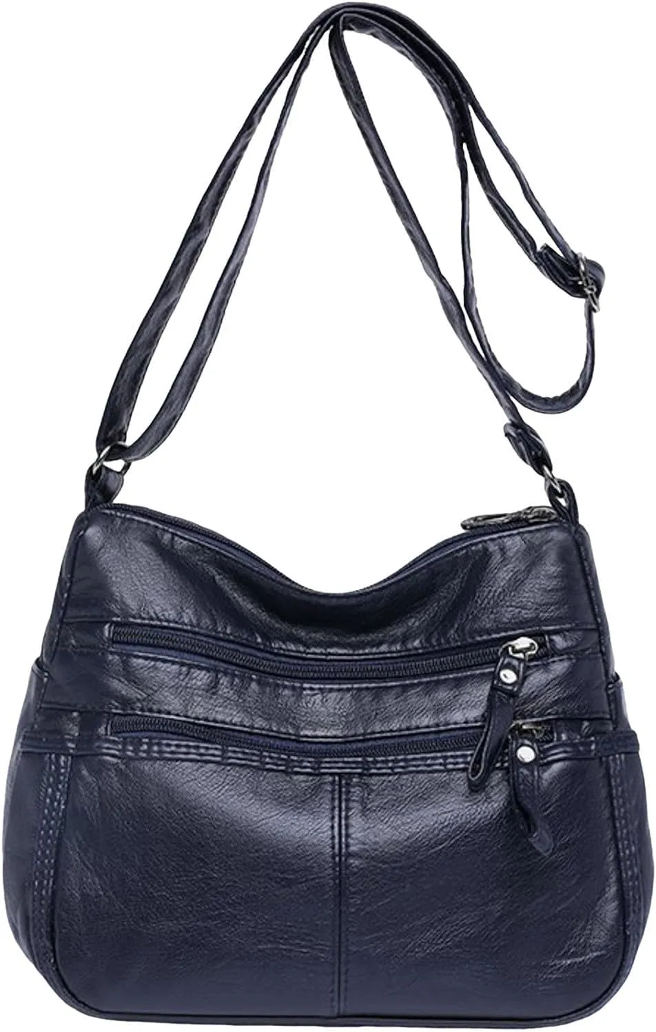 Fashion Casual Women's Retro Soft Leather Zipper Double Pocket Shoulder Messenger Bags Rustic Shoulder (Blue, One Size)