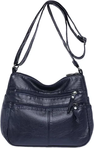 Fashion Casual Women's Retro Soft Leather Zipper Double Pocket Shoulder Messenger Bags Rustic Shoulder (Blue, One Size)