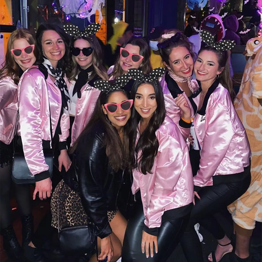 FAYBOX Pink Ladies Jacket Grease 50s Costume for Women Girls,Halloween Costumes 1950s Party Outfits Accessories for Adults