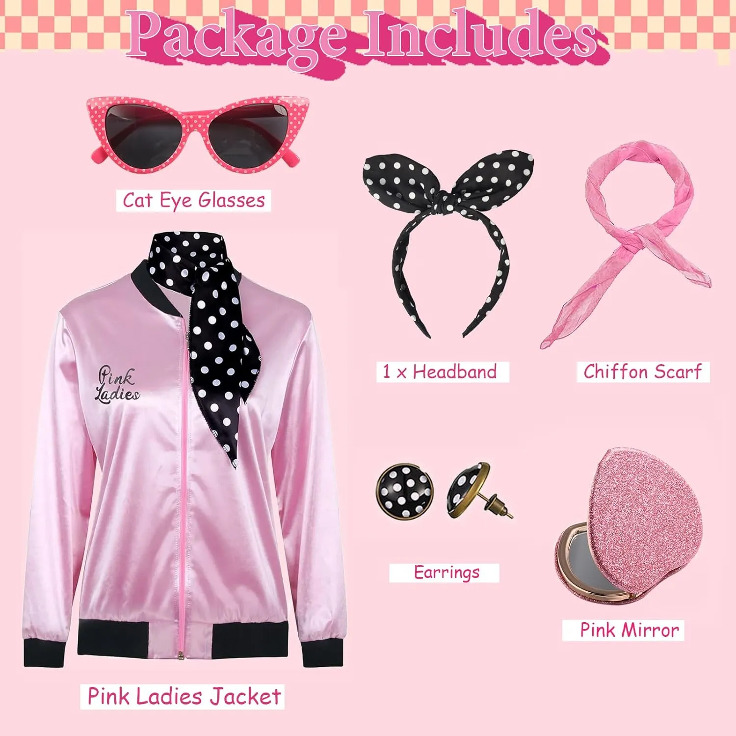 FAYBOX Pink Ladies Jacket Grease 50s Costume for Women Girls,Halloween Costumes 1950s Party Outfits Accessories for Adults