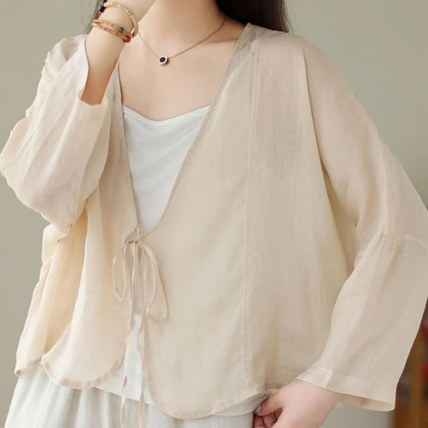 FindThy Womens Tie Front Shrug Casual Sheer Linen V-Neck Long Sleeve Lightweight Oversized Bolero Cardigan