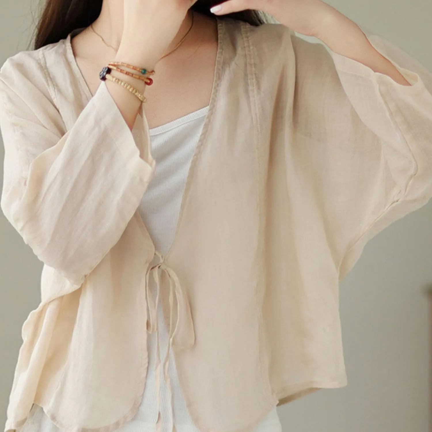 FindThy Womens Tie Front Shrug Casual Sheer Linen V-Neck Long Sleeve Lightweight Oversized Bolero Cardigan