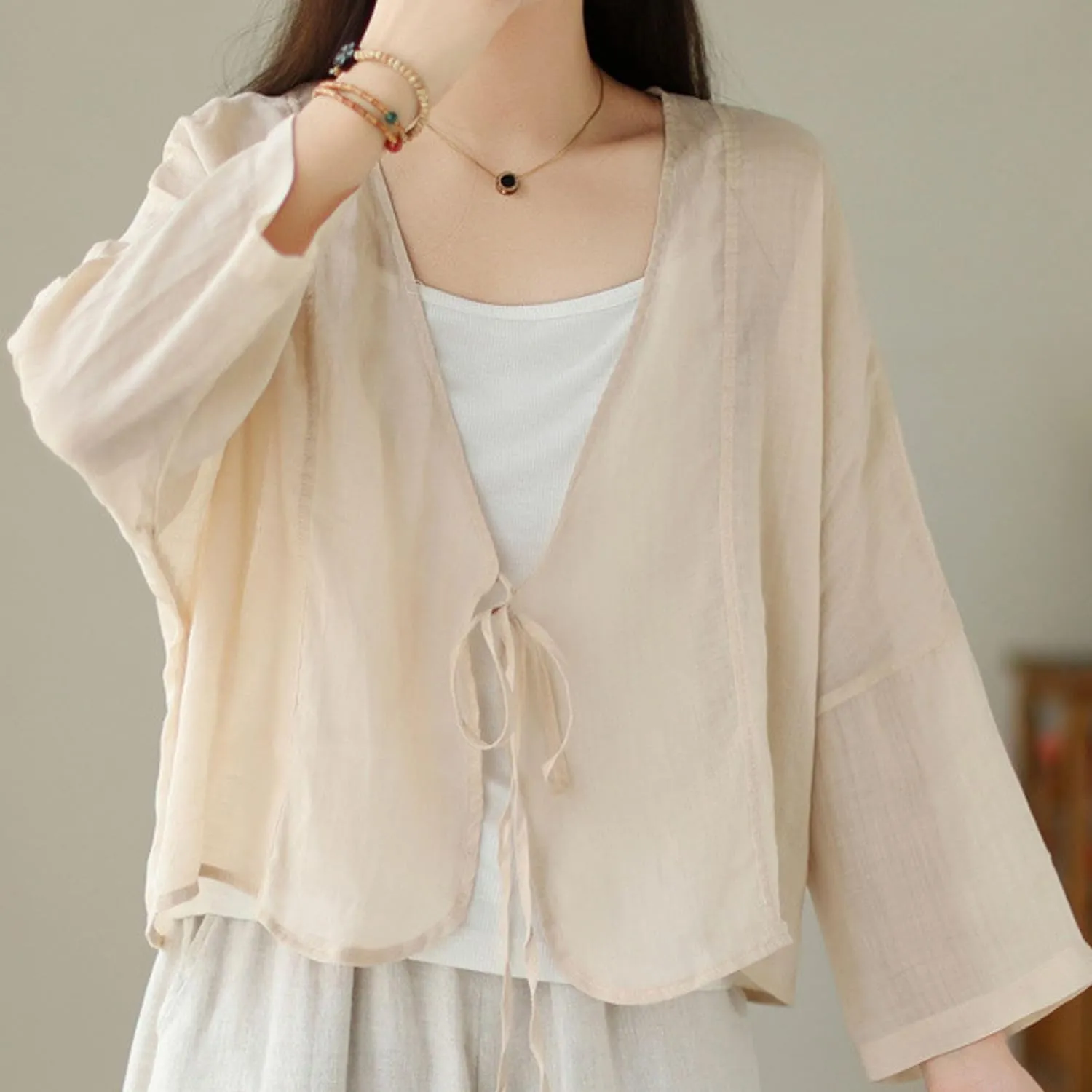 FindThy Womens Tie Front Shrug Casual Sheer Linen V-Neck Long Sleeve Lightweight Oversized Bolero Cardigan