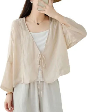FindThy Womens Tie Front Shrug Casual Sheer Linen V-Neck Long Sleeve Lightweight Oversized Bolero Cardigan