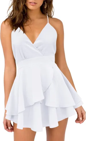 firfig Womens Deep V-Neck Cami Dress Crisscross Open Back Tie Waist Mini Dresses