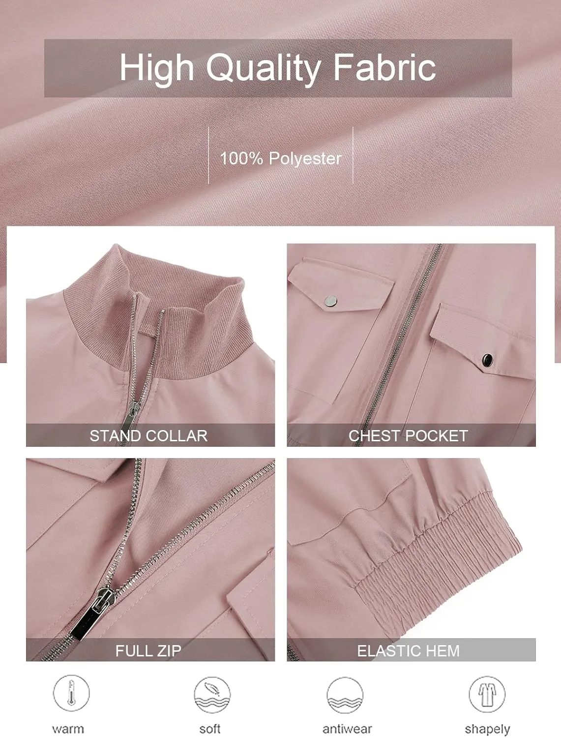 Fisoew Women's Cropped Bomber Jackets Lightweight Zip Up Stand Collar Long Sleeve Short Jacket with Pockets