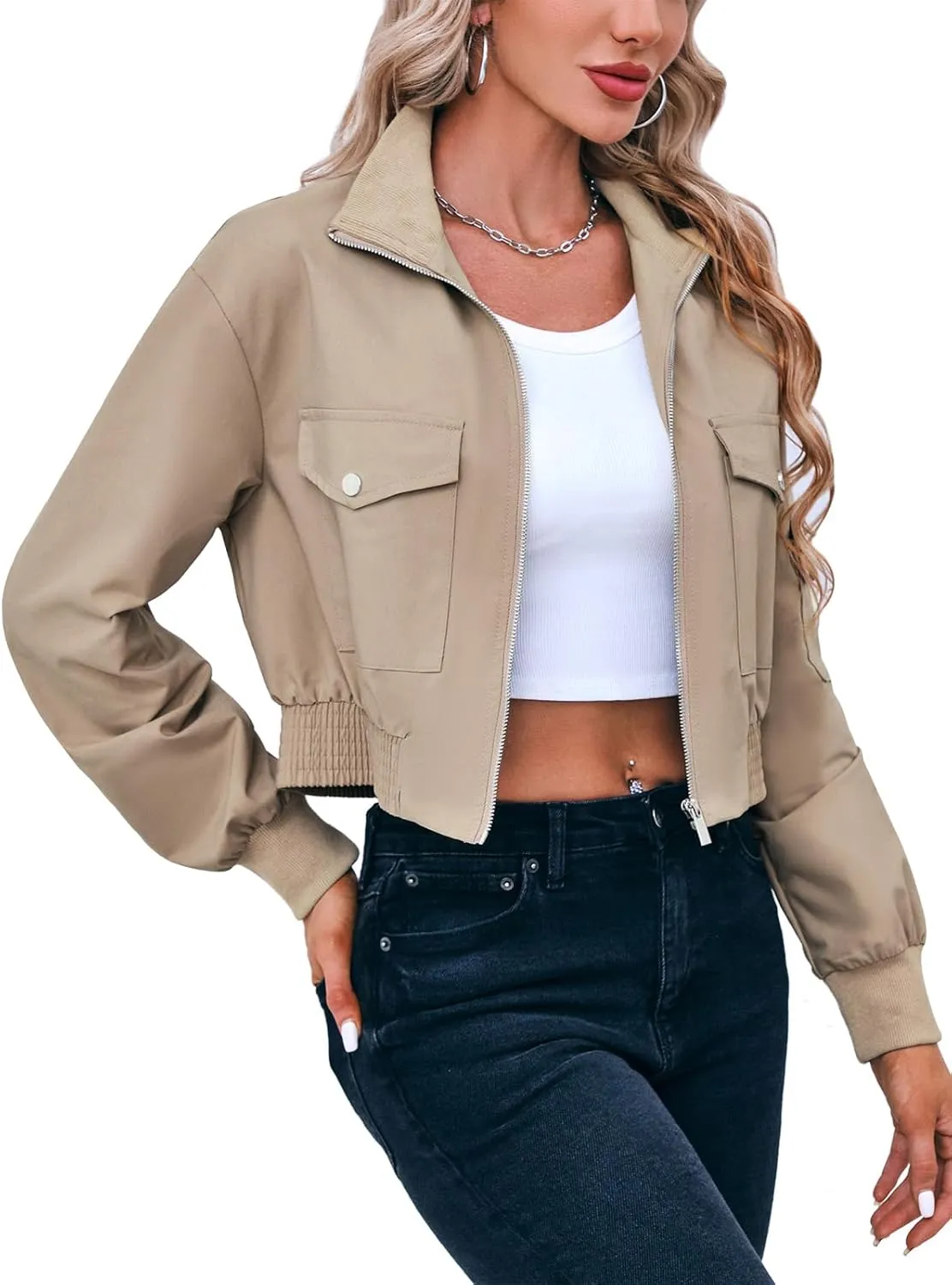 Fisoew Women's Cropped Bomber Jackets Lightweight Zip Up Stand Collar Long Sleeve Short Jacket with Pockets