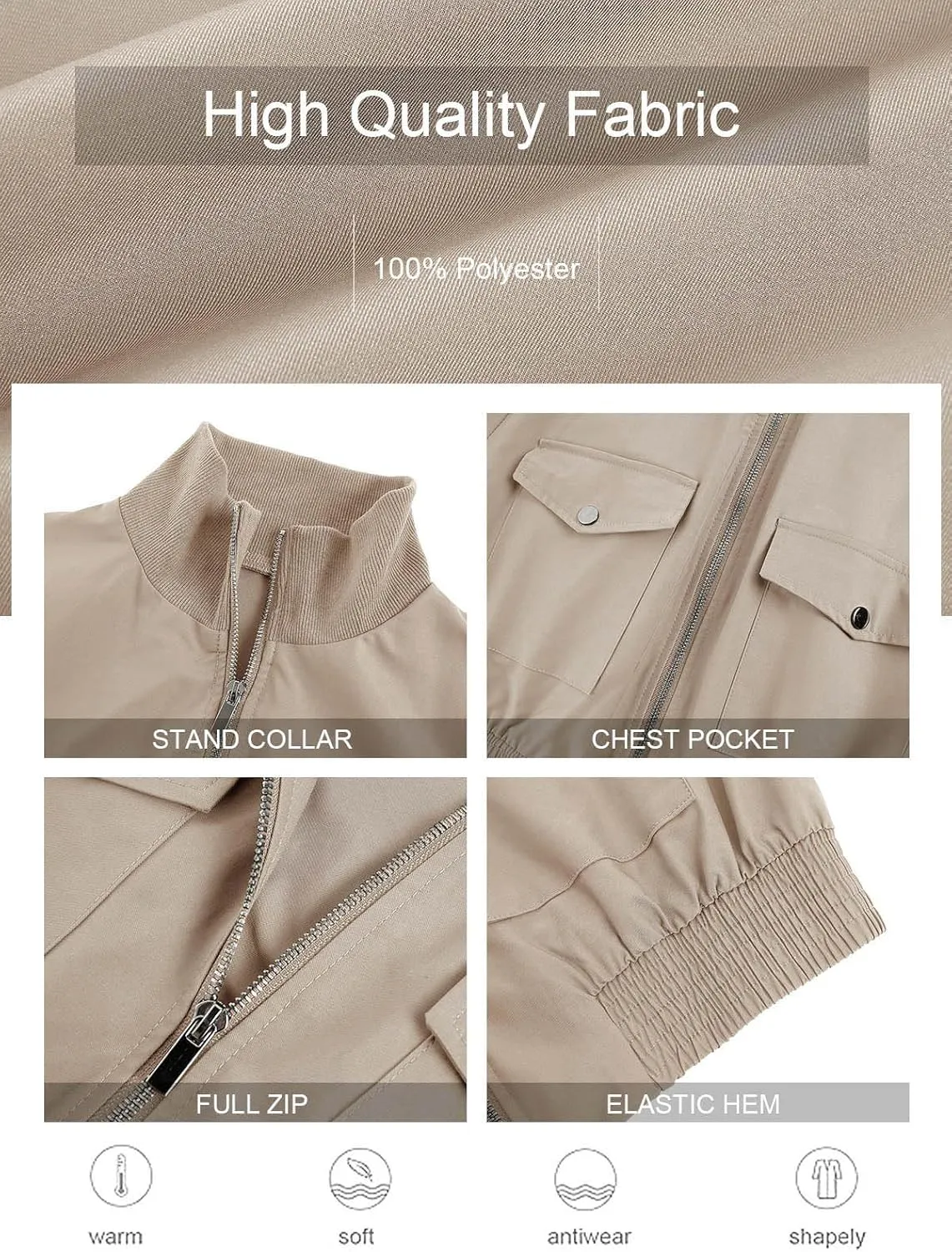 Fisoew Women's Cropped Bomber Jackets Lightweight Zip Up Stand Collar Long Sleeve Short Jacket with Pockets