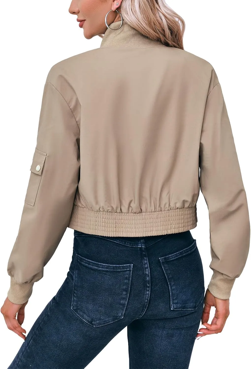 Fisoew Women's Cropped Bomber Jackets Lightweight Zip Up Stand Collar Long Sleeve Short Jacket with Pockets