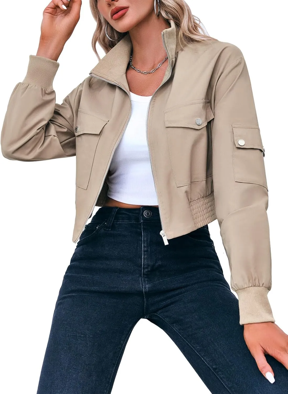 Fisoew Women's Cropped Bomber Jackets Lightweight Zip Up Stand Collar Long Sleeve Short Jacket with Pockets