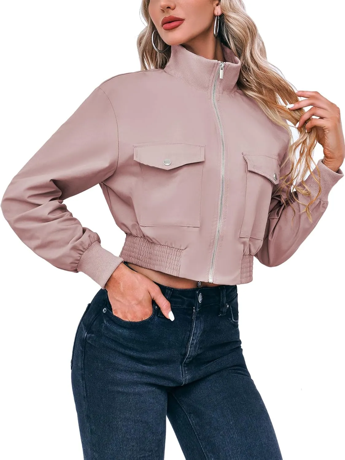 Fisoew Women's Cropped Bomber Jackets Lightweight Zip Up Stand Collar Long Sleeve Short Jacket with Pockets