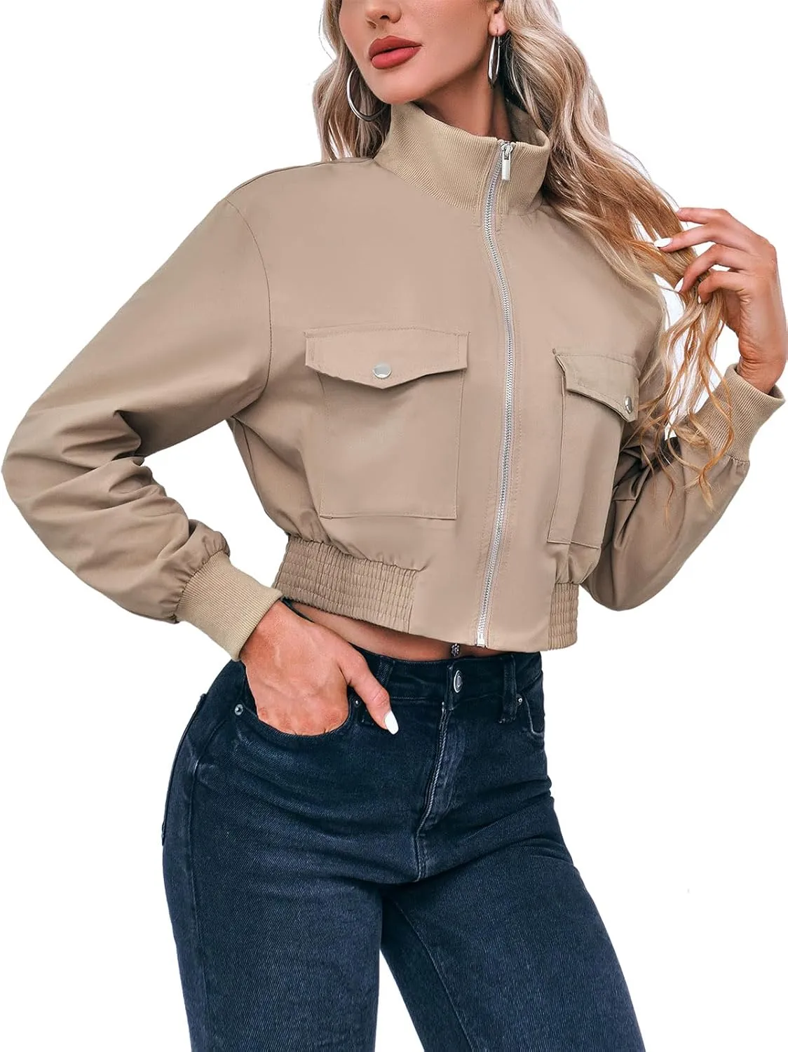 Fisoew Women's Cropped Bomber Jackets Lightweight Zip Up Stand Collar Long Sleeve Short Jacket with Pockets