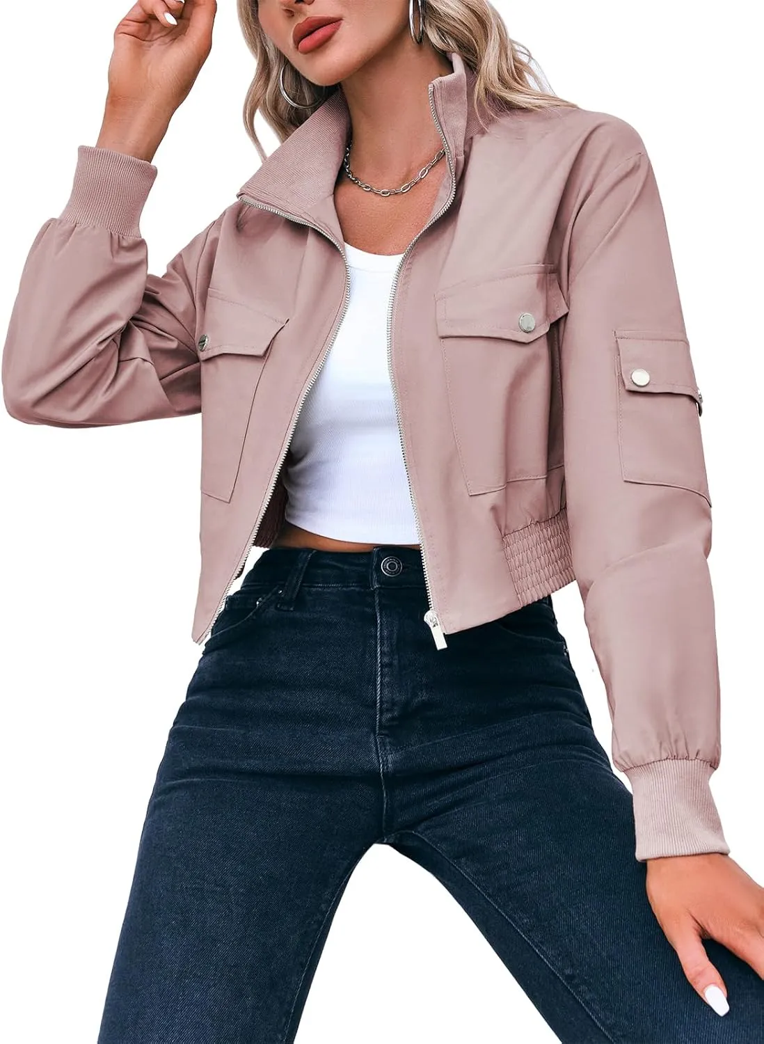 Fisoew Women's Cropped Bomber Jackets Lightweight Zip Up Stand Collar Long Sleeve Short Jacket with Pockets