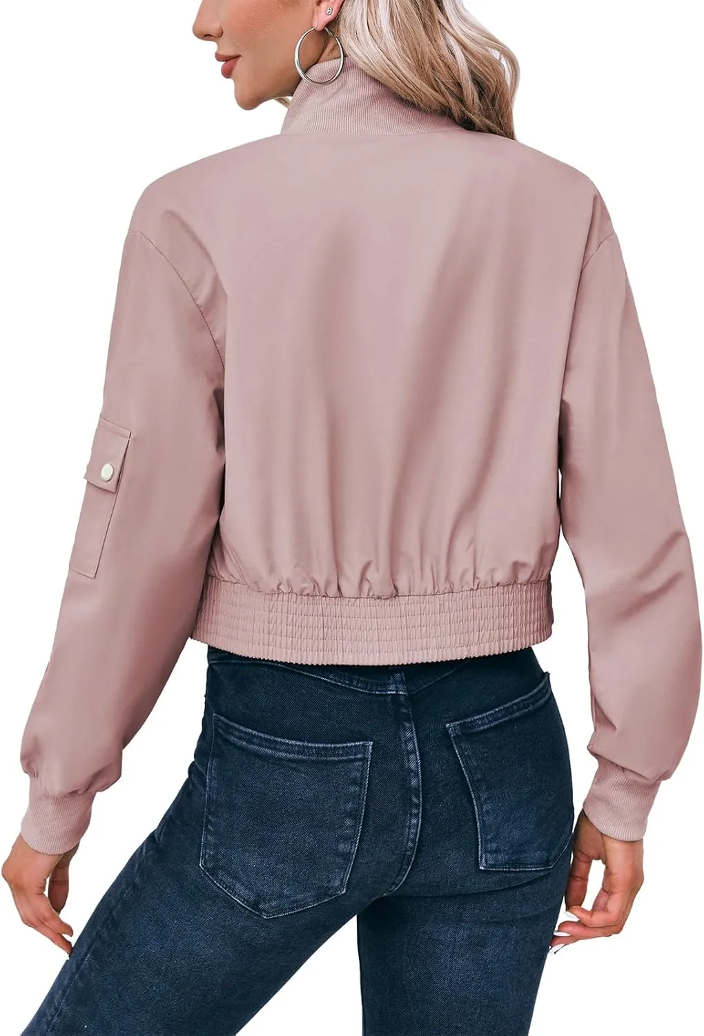 Fisoew Women's Cropped Bomber Jackets Lightweight Zip Up Stand Collar Long Sleeve Short Jacket with Pockets