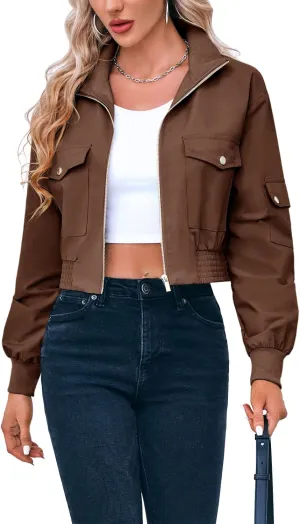 Fisoew Women's Cropped Bomber Jackets Lightweight Zip Up Stand Collar Long Sleeve Short Jacket with Pockets