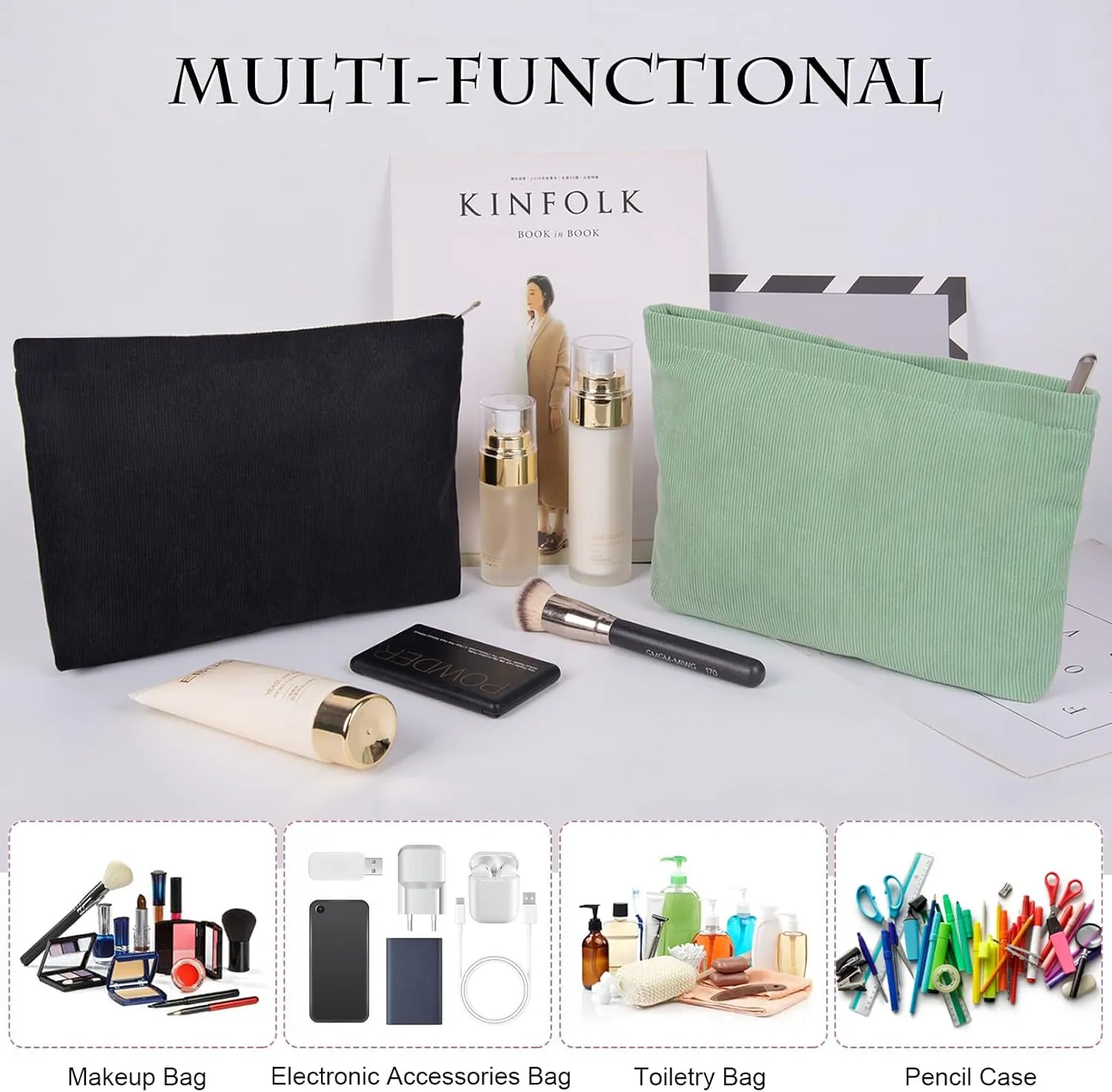 FITDON 2PCS Cosmetic Bags for Women Makeup Bag for Purse Small Corduroy Makeup Pouch Travel Make Up Bag with Zipper Toiletry Bag Organizer, Lightgreen