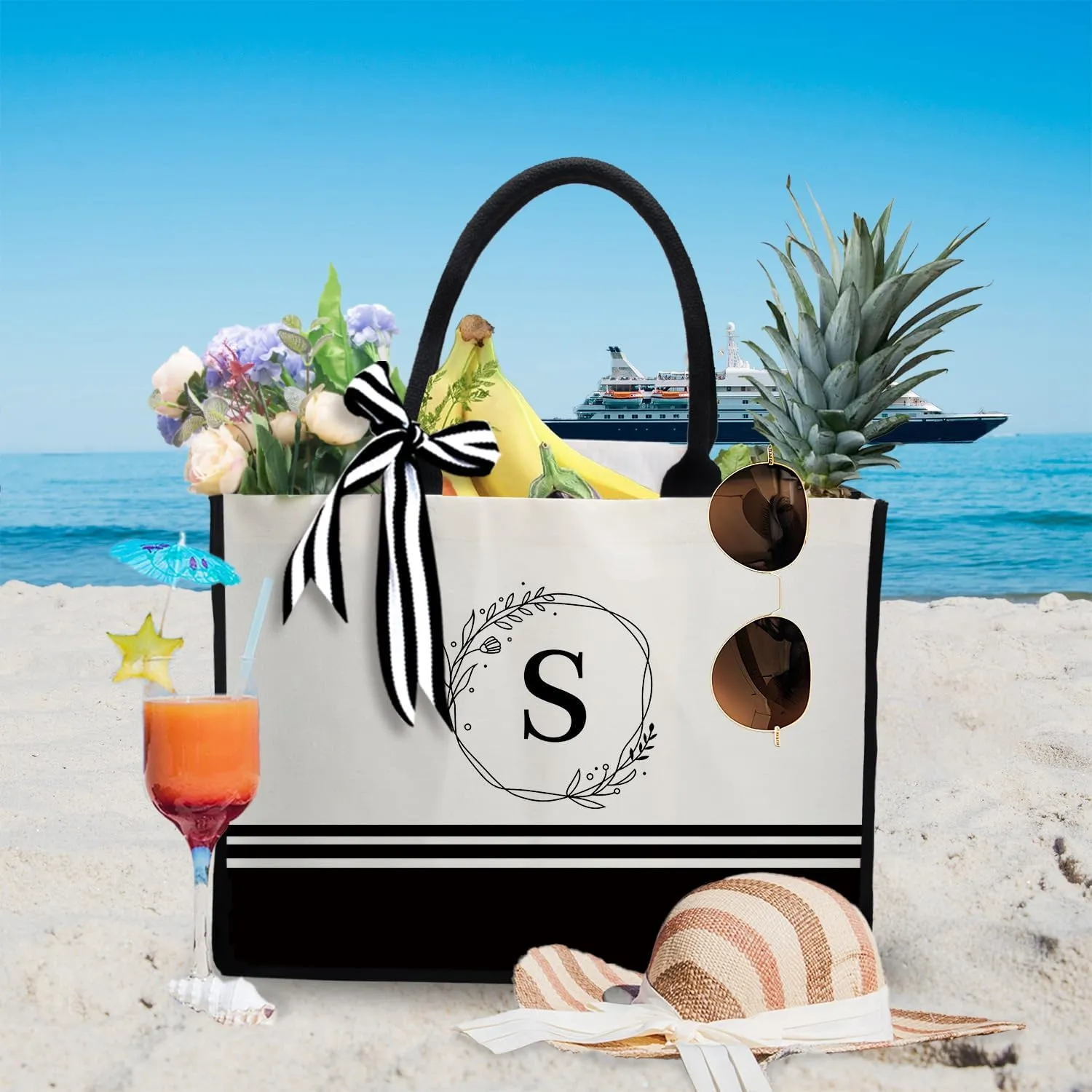 FOURTH WING Personalized Initial Canvas Beach Bag,Monogrammed Gift Tote Bag for Women,Gift for Birthday Wedding Bridesmaid