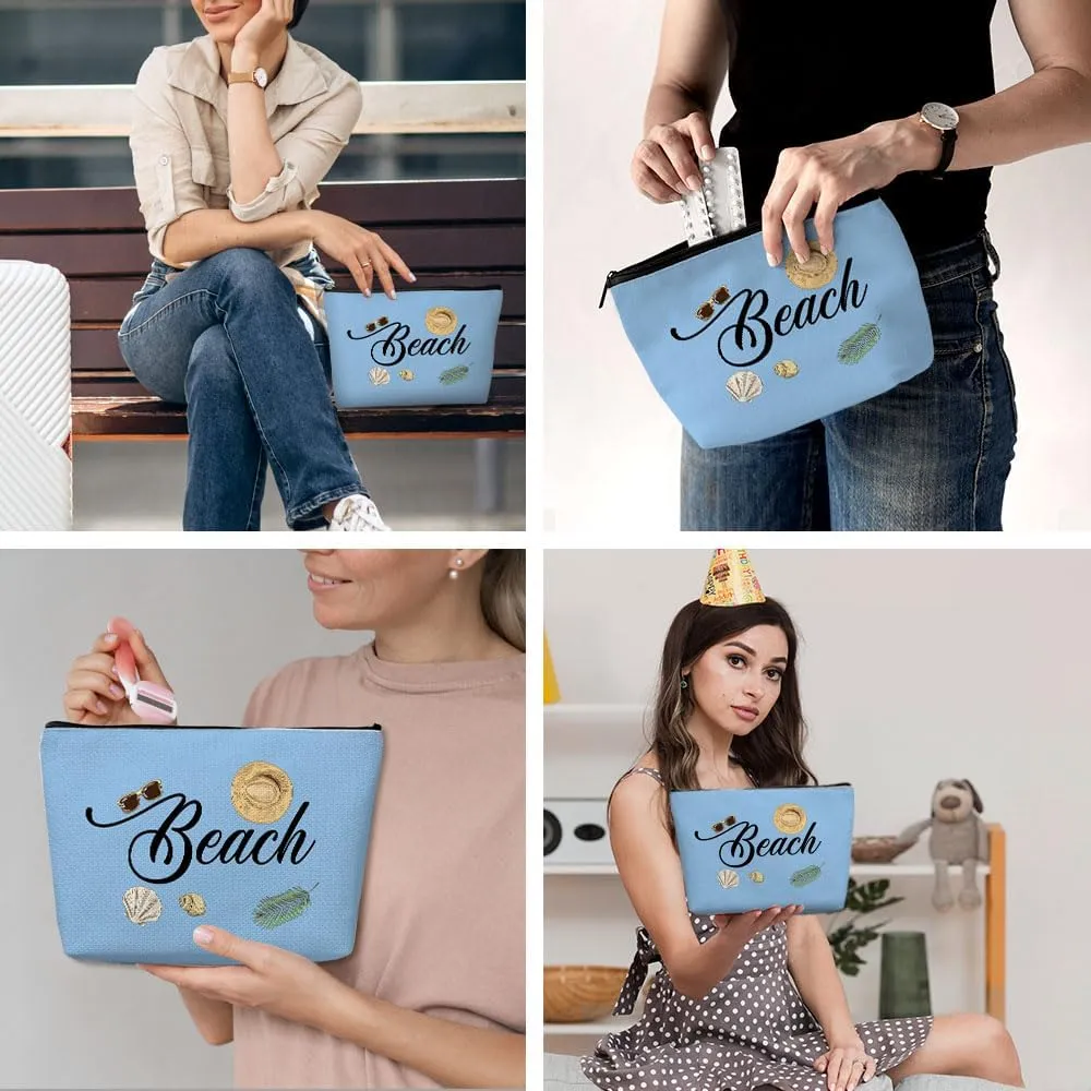 Funny Beach Makeup Bag, Beach Bag Best Friend Summer Vacation Cosmetic Bag for Women Bridesmaid Bride Sister Girls Trip Favors Weekender Birthday Christmas Bachelorette Party Friendship Gifts Blue