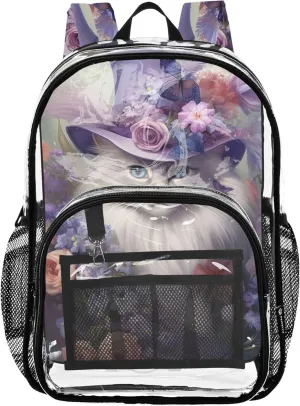 Funny Cat Flowers Hat Clear Backpack for Women Girls Backpack Kids Boys School Clear Plastic Bag Pvc