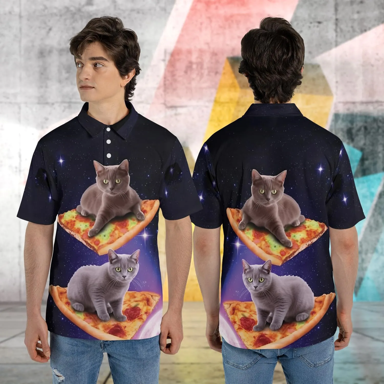 Funny Cat Polo Shirts for Men - Galaxy Cat Mens Quick Dry Short Sleeve Polo Shirts Series 16