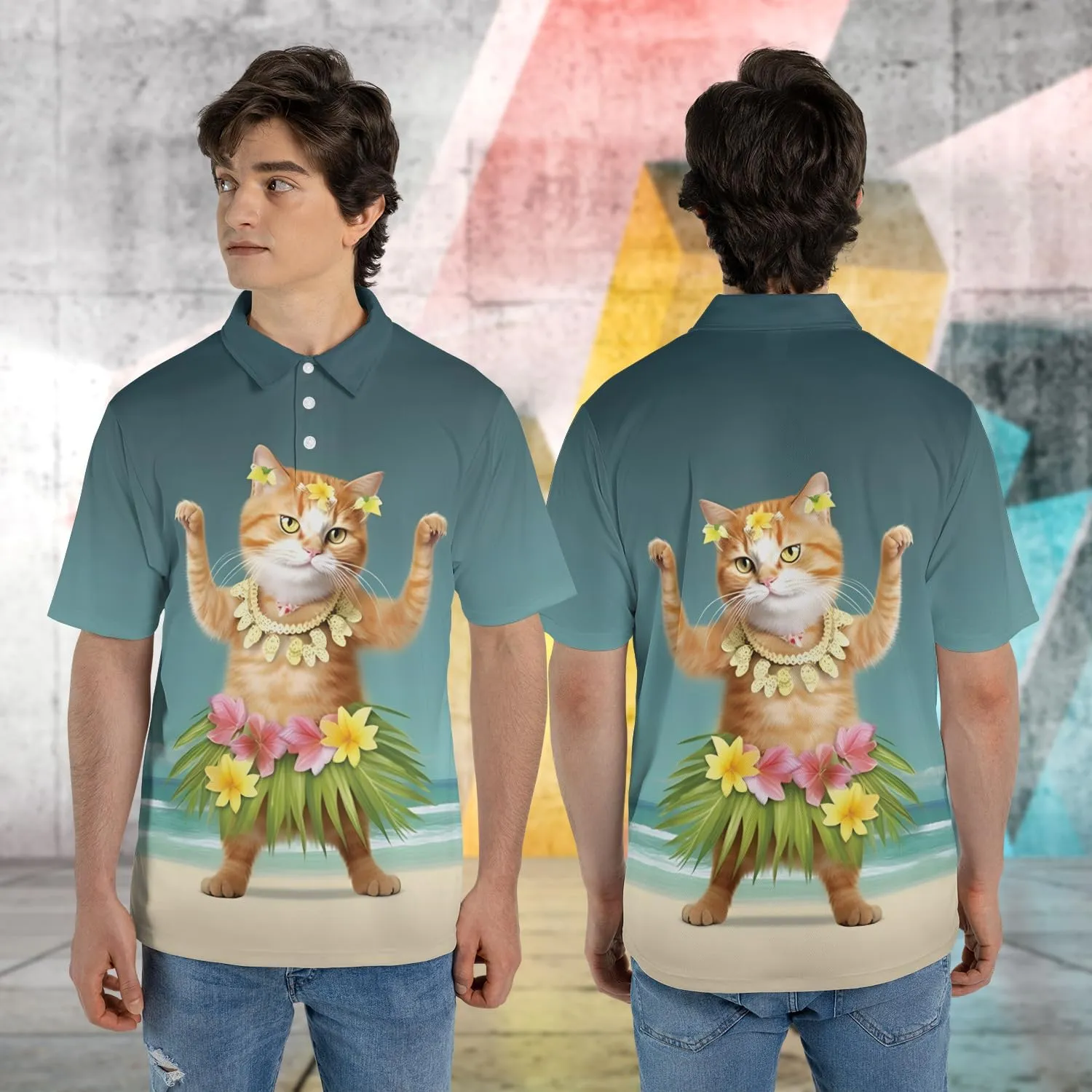 Funny Cat Polo Shirts for Men - Galaxy Cat Mens Quick Dry Short Sleeve Polo Shirts Series 16