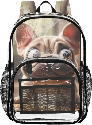 Funny French Bulldog Clear Bag for Women Travel Girls Backpack Kids Boys Plastic School Clear Bookbag