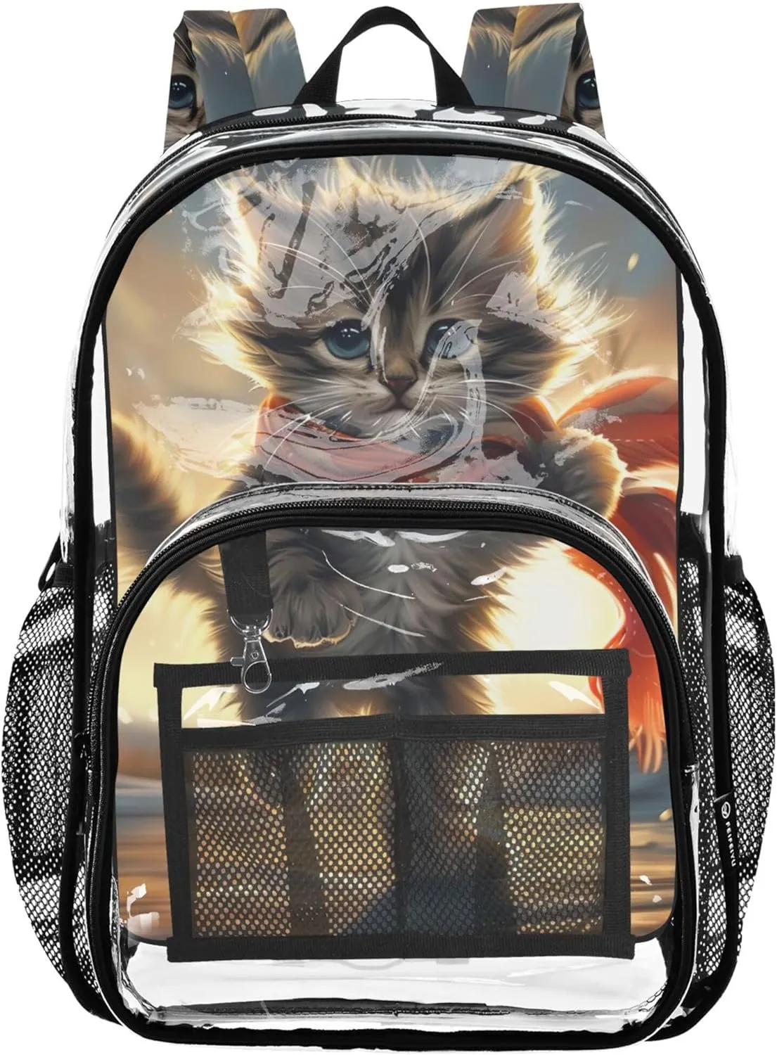 Funny Kitten Cat Travel Clear Backpack Floral Kids Girls Backpack Boys Large Plastic Approved Bag