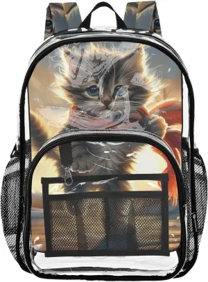 Funny Kitten Cat Travel Clear Backpack Floral Kids Girls Backpack Boys Large Plastic Approved Bag