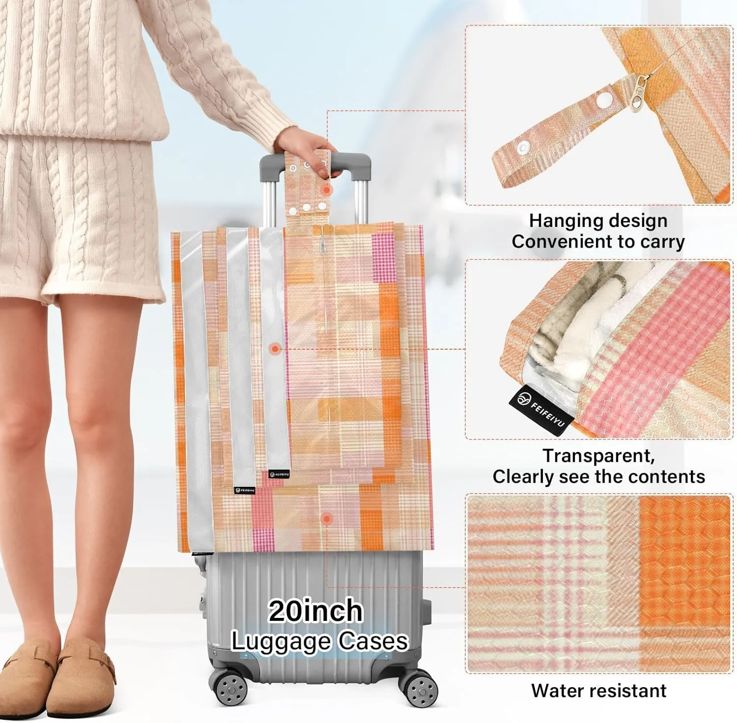 Garment Bag Closet Storage, Luggage Space Saver, Herringbone Houndstooth Checked Orange Pink Jellyfishs, Waterproof, 3 Set Travel Packing Cubes For Suitcases,Organizadores De Maletas Para