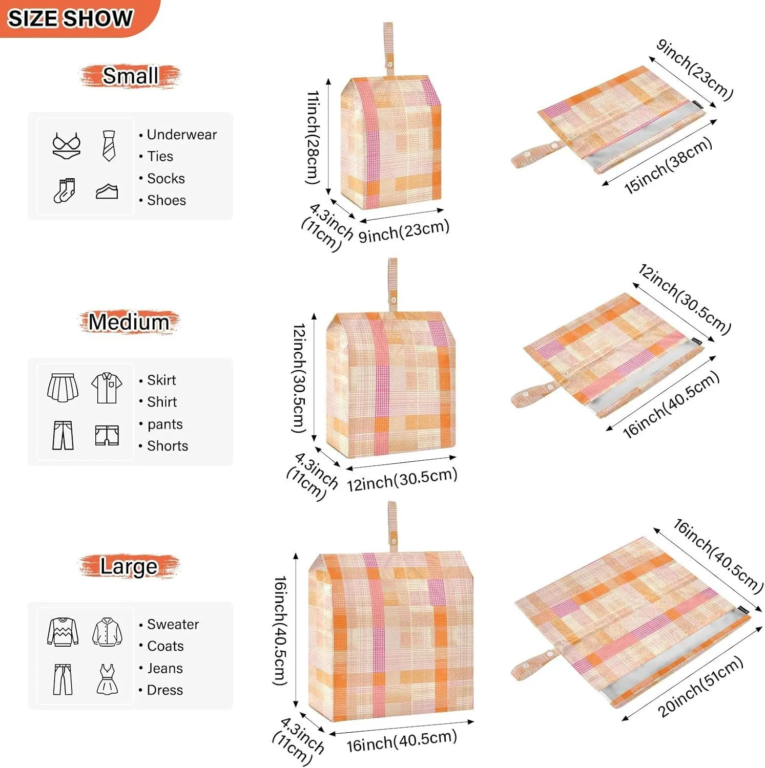 Garment Bag Closet Storage, Luggage Space Saver, Herringbone Houndstooth Checked Orange Pink Jellyfishs, Waterproof, 3 Set Travel Packing Cubes For Suitcases,Organizadores De Maletas Para