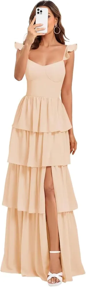 GDJDIFK Tiered Ruffles Bridesmaid Dresses for Women - Spaghetti Straps Chiffon Formal Evening Gown with Slit