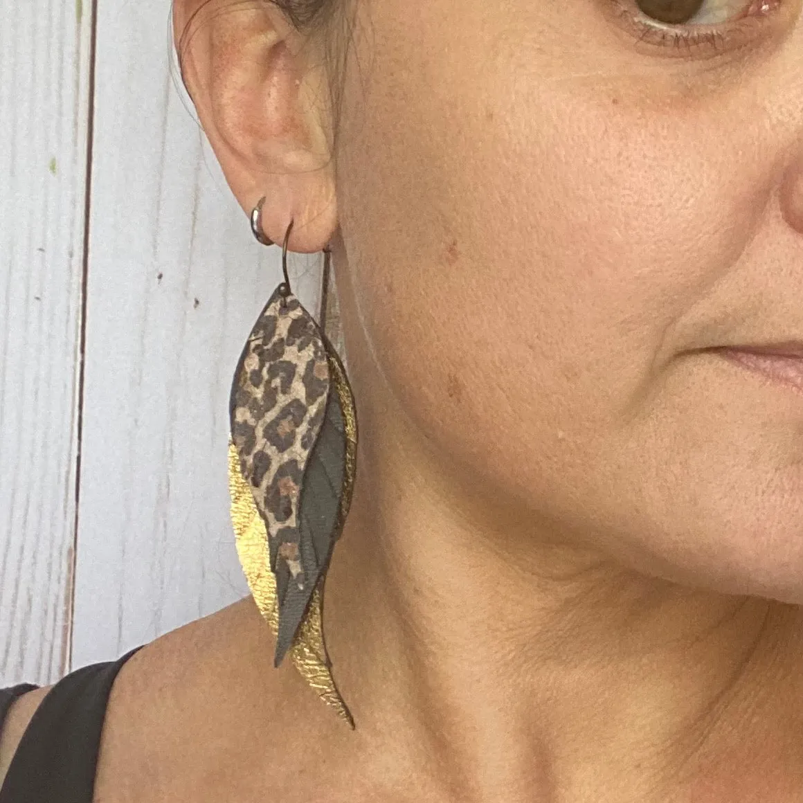 Genuine Leather Cheetah Feather Earrings
