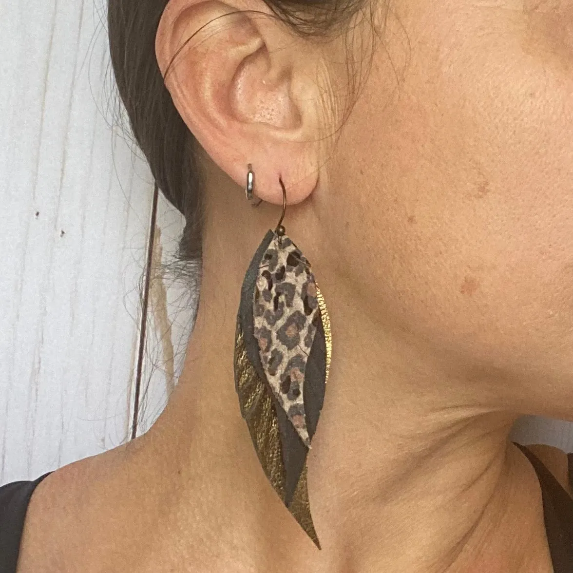 Genuine Leather Cheetah Feather Earrings