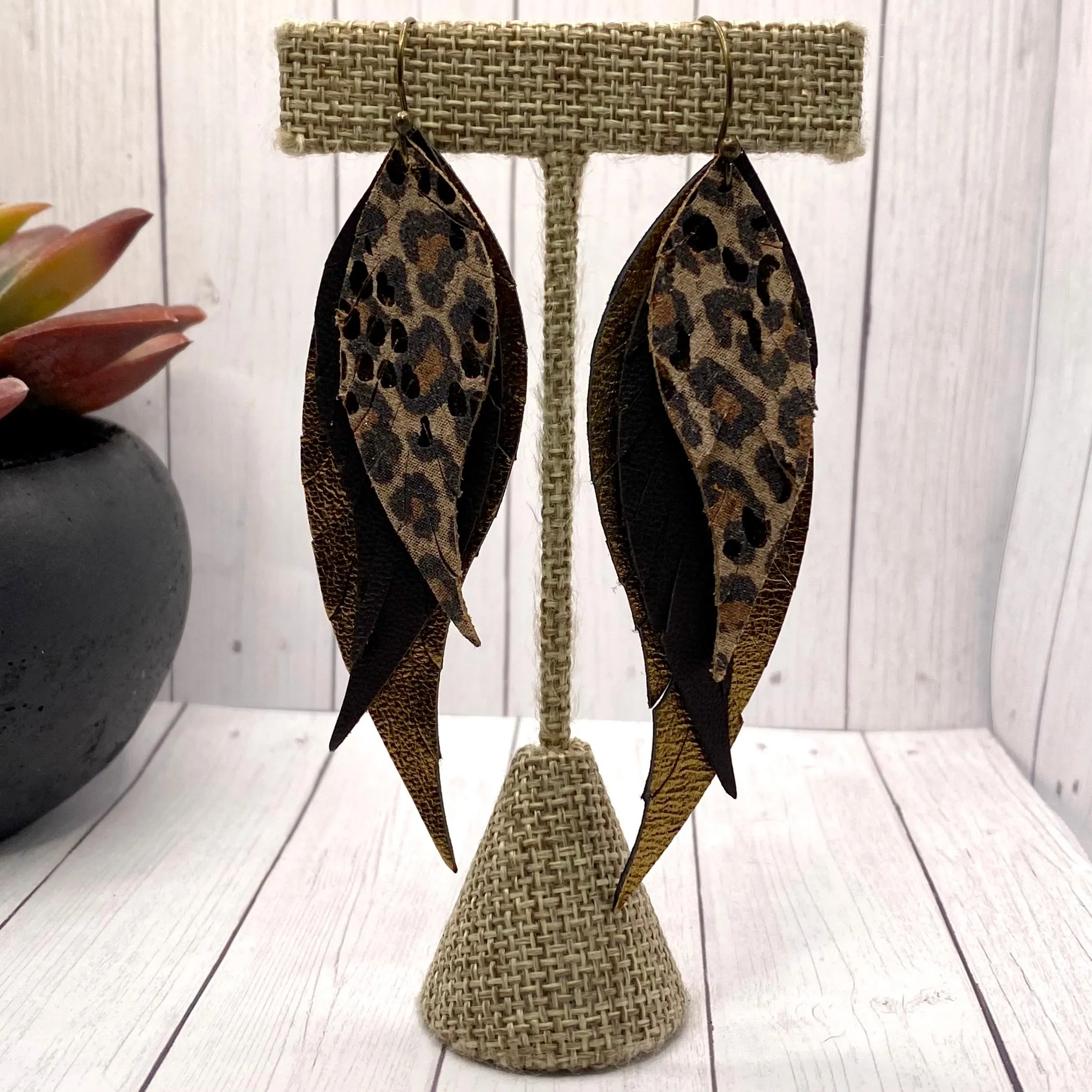 Genuine Leather Cheetah Feather Earrings