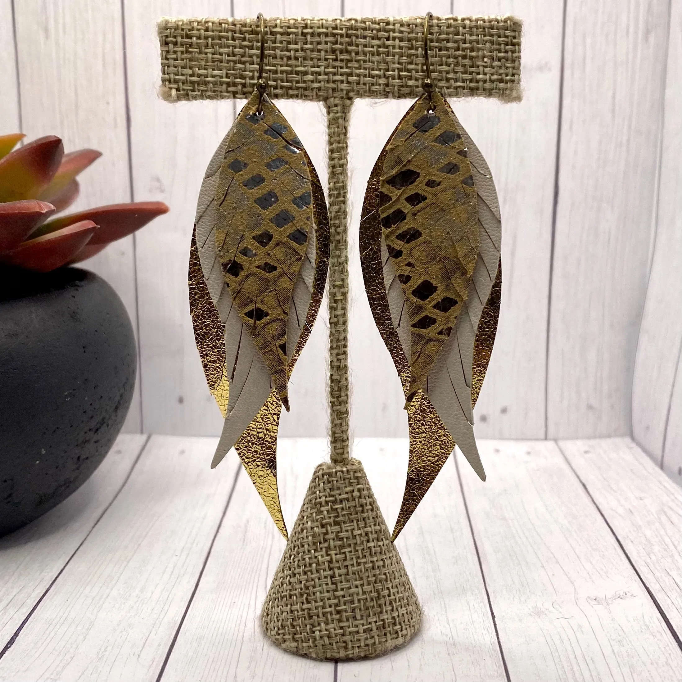Genuine Leather Gold Snake Feather Earrings