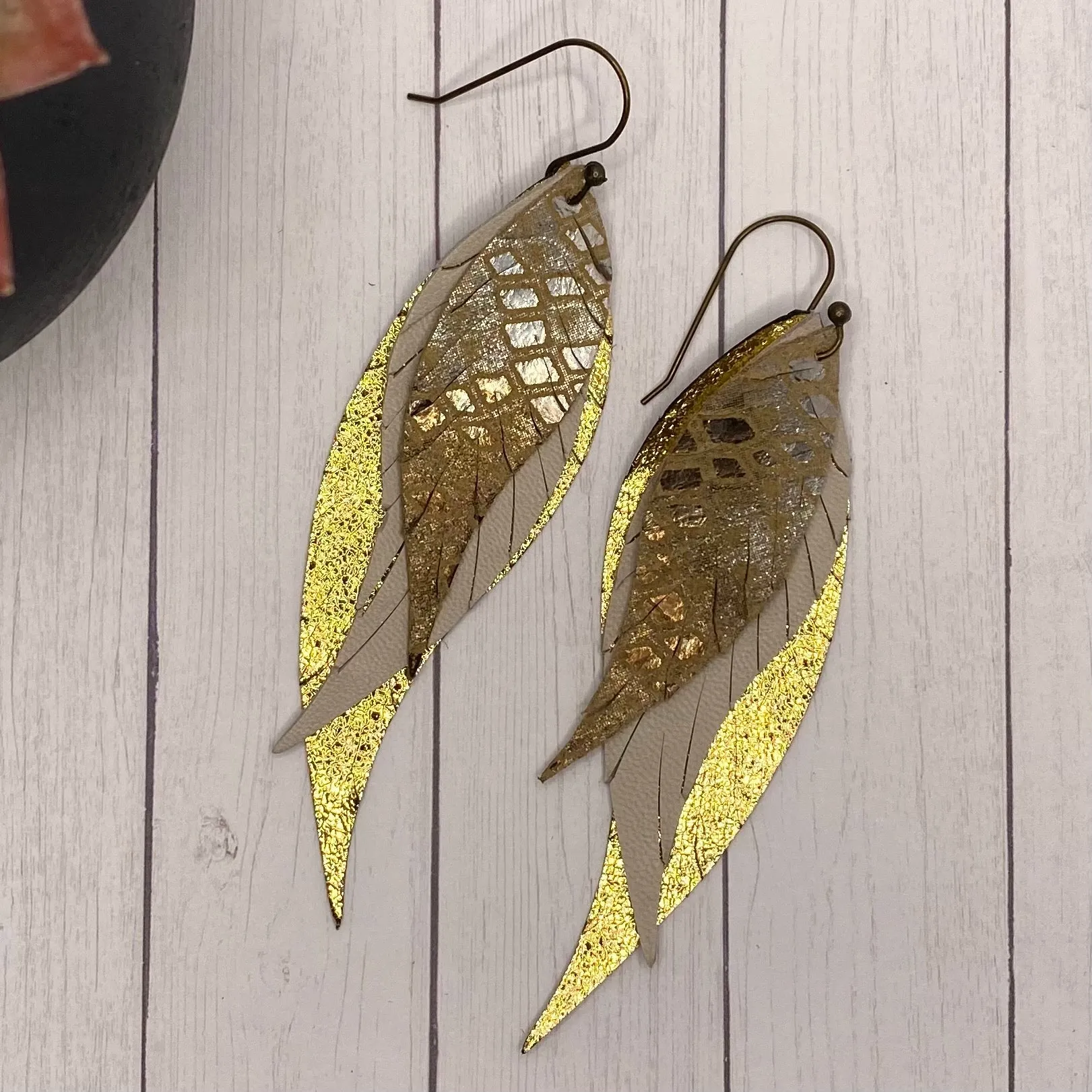 Genuine Leather Gold Snake Feather Earrings