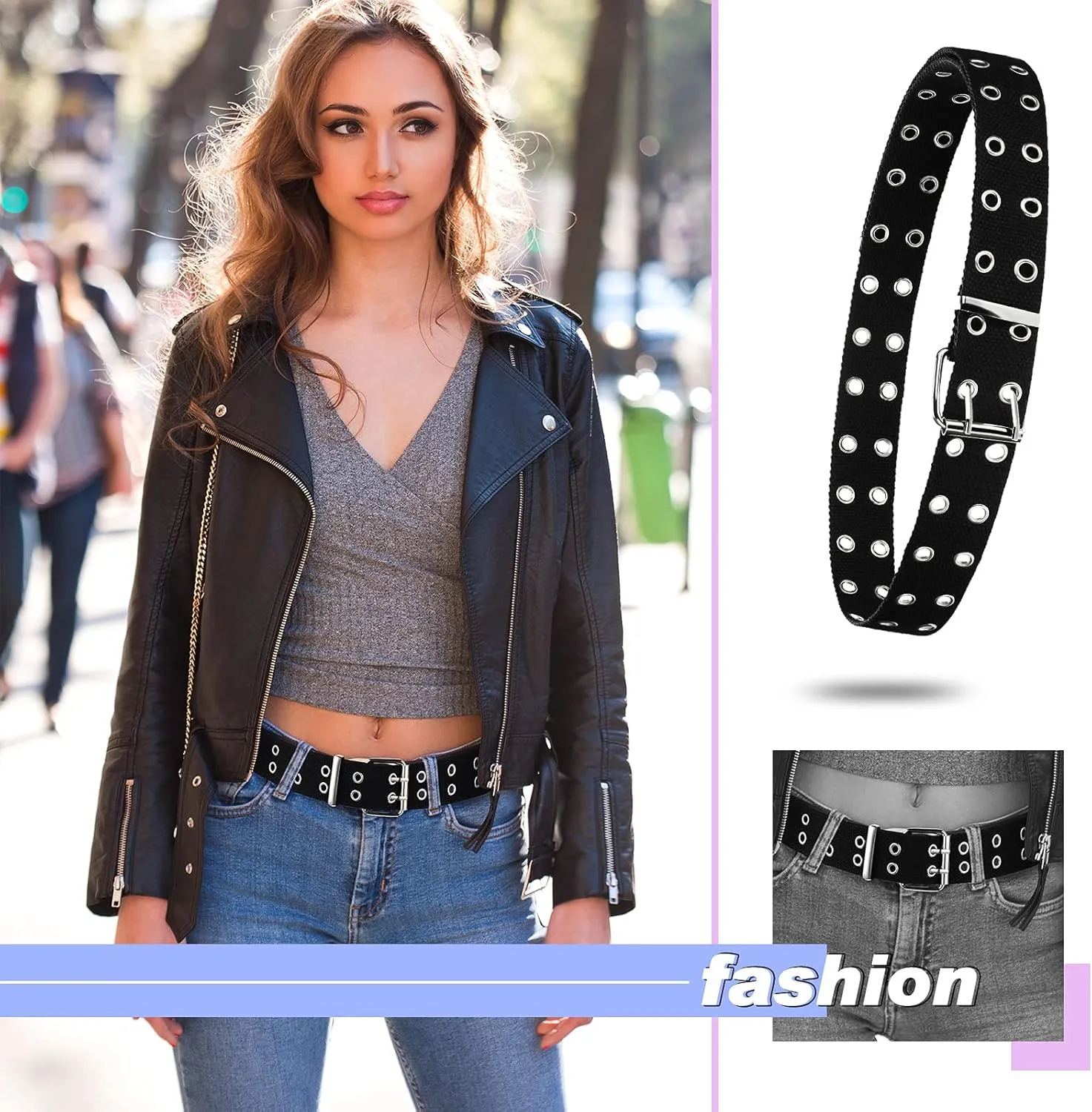 Geyoga 2 Pieces Double Grommet Canvas Belts Two-Hole Jeans Vintage Buckle Punk Belts for Men and Women