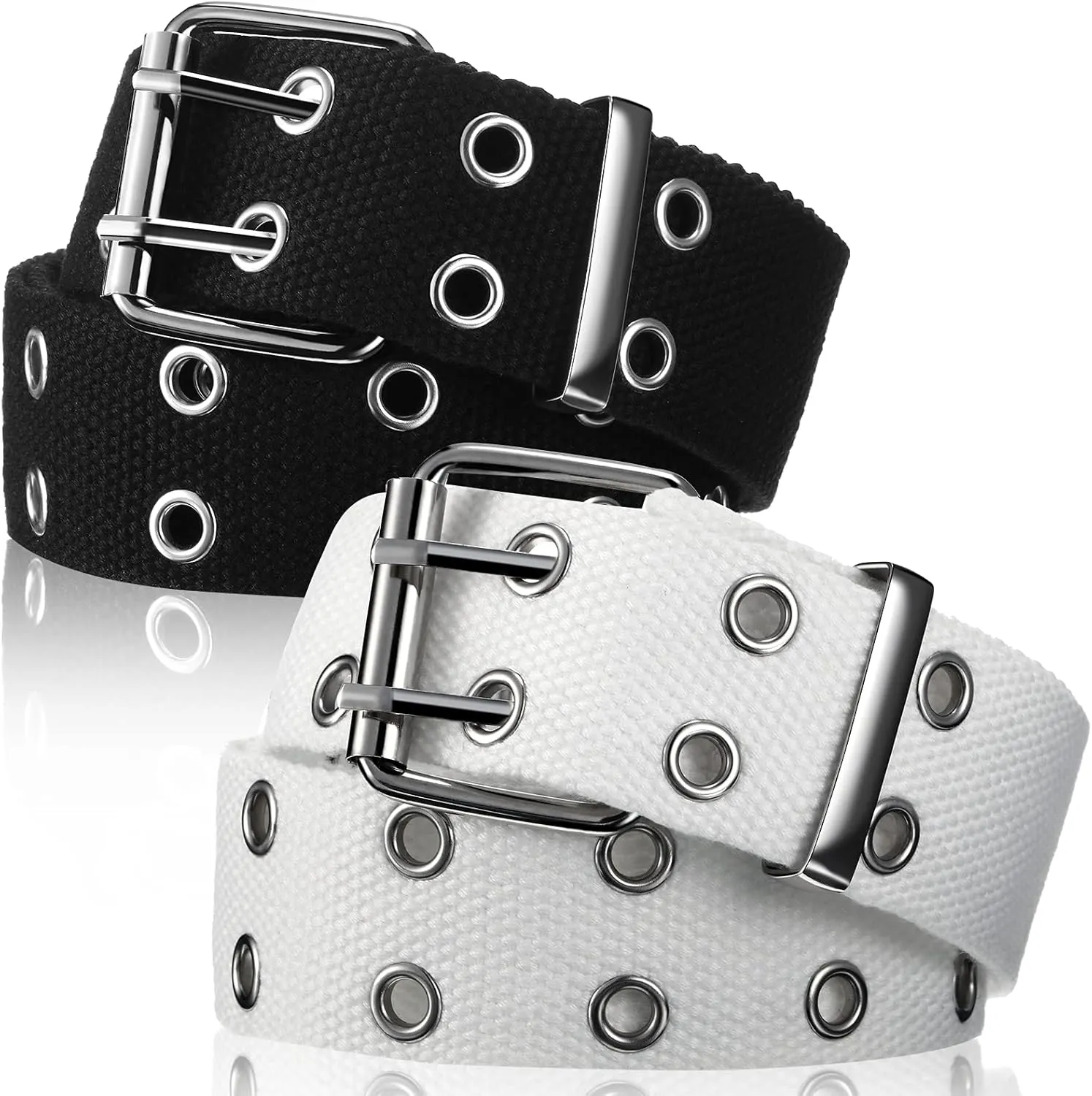 Geyoga 2 Pieces Double Grommet Canvas Belts Two-Hole Jeans Vintage Buckle Punk Belts for Men and Women