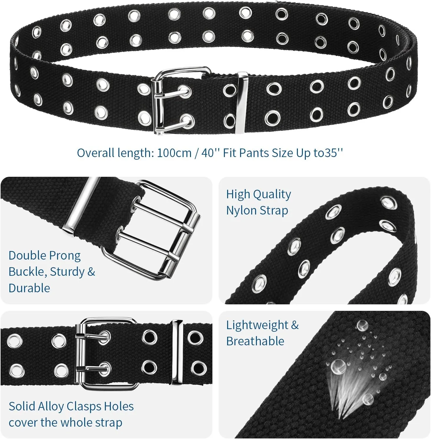Geyoga 2 Pieces Double Grommet Canvas Belts Two-Hole Jeans Vintage Buckle Punk Belts for Men and Women