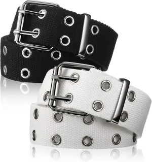 Geyoga 2 Pieces Double Grommet Canvas Belts Two-Hole Jeans Vintage Buckle Punk Belts for Men and Women