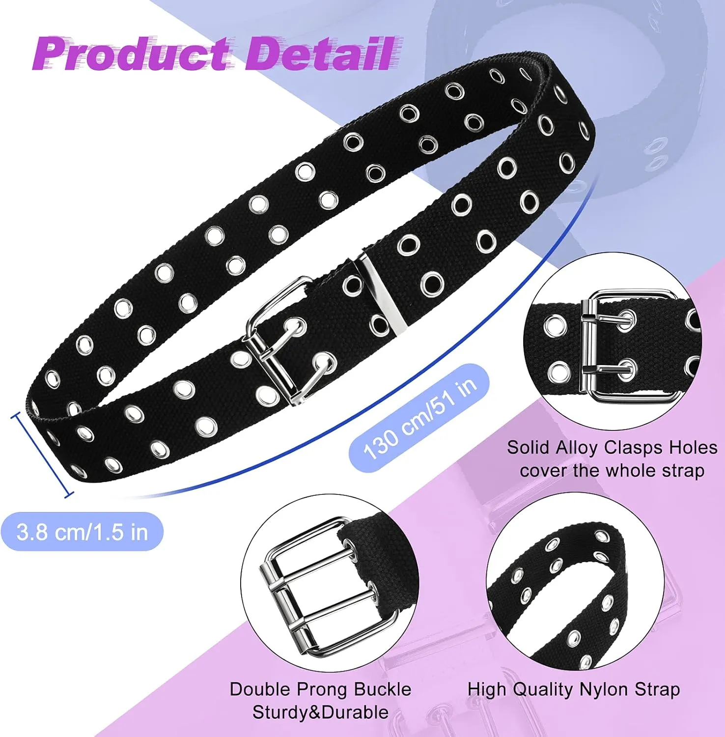 Geyoga 2 Pieces Double Grommet Canvas Belts Two-Hole Jeans Vintage Buckle Punk Belts for Men and Women