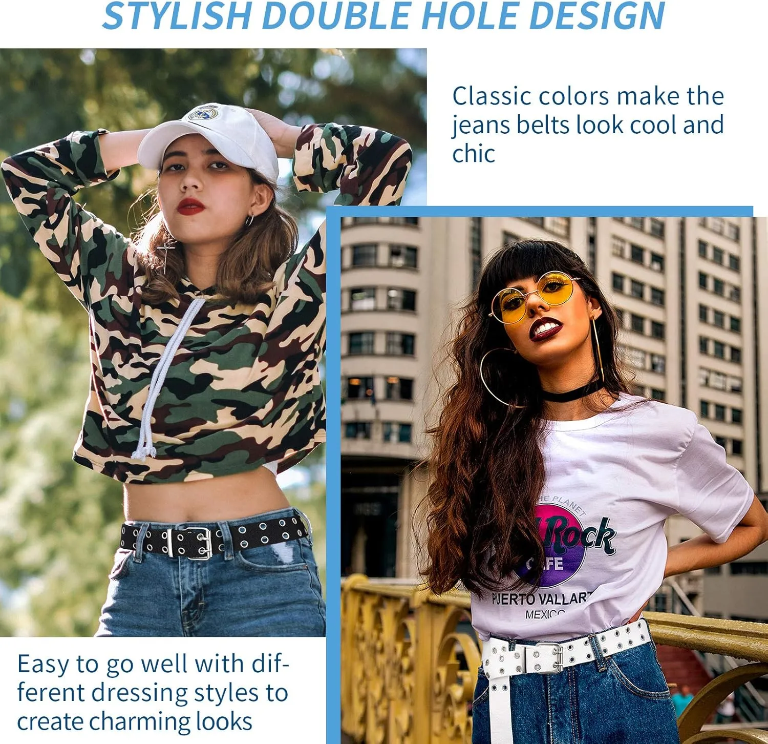 Geyoga 2 Pieces Double Grommet Canvas Belts Two-Hole Jeans Vintage Buckle Punk Belts for Men and Women