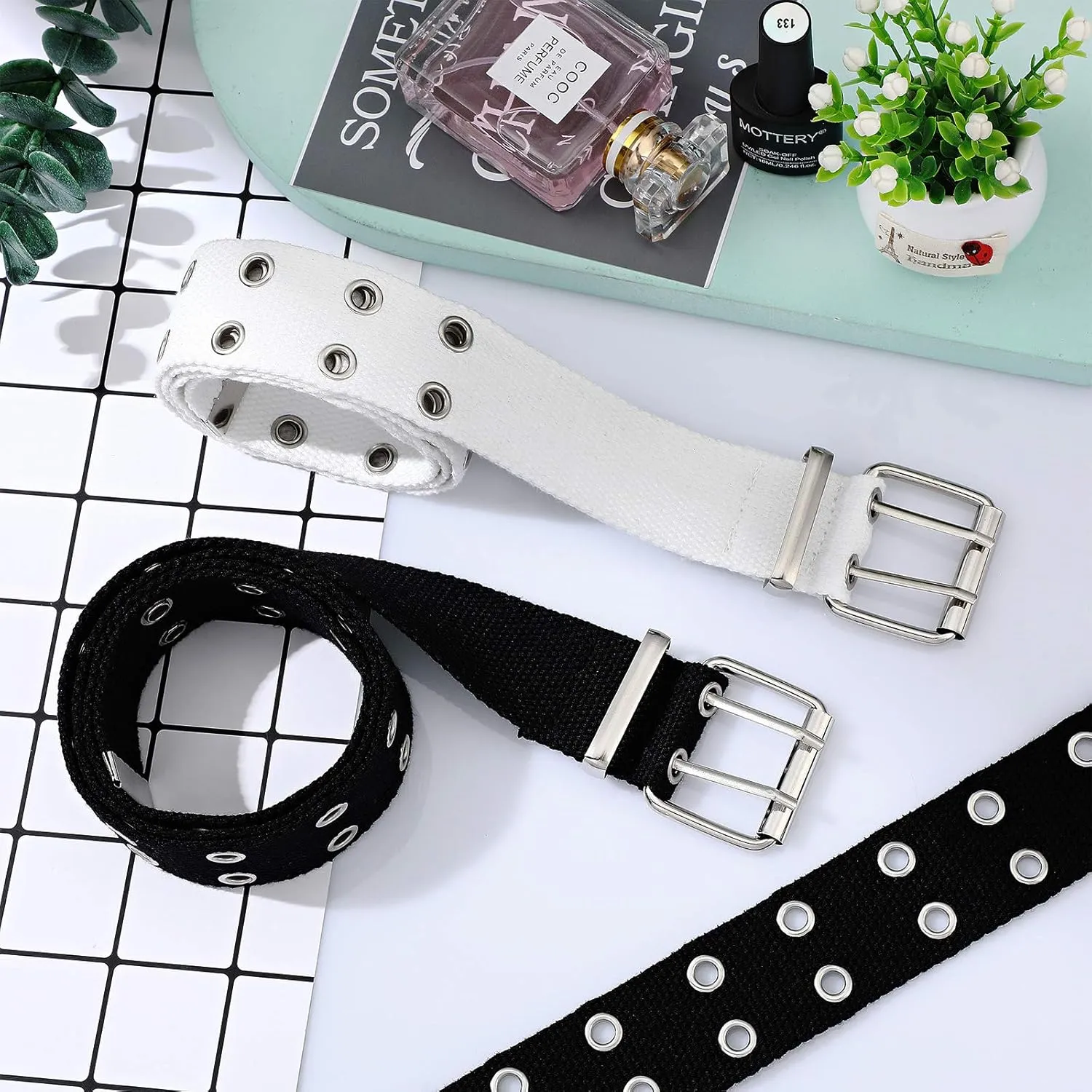 Geyoga 2 Pieces Double Grommet Canvas Belts Two-Hole Jeans Vintage Buckle Punk Belts for Men and Women