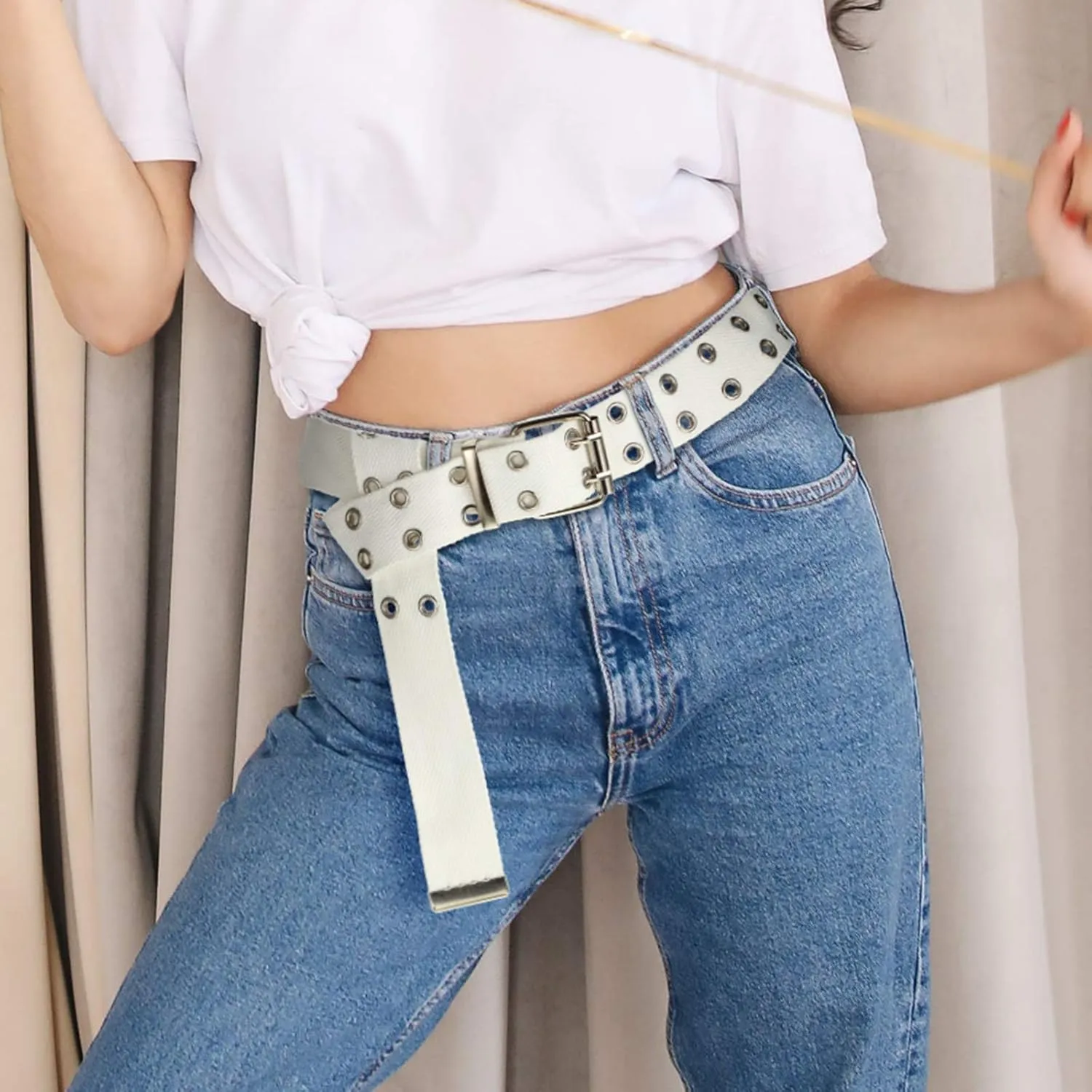 Geyoga 2 Pieces Double Grommet Canvas Belts Two-Hole Jeans Vintage Buckle Punk Belts for Men and Women