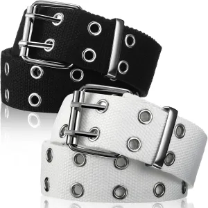 Geyoga 2 Pieces Double Grommet Canvas Belts Two-Hole Jeans Vintage Buckle Punk Belts for Men and Women