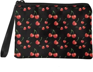 GIFTPUZZ Cherry Coin Purse for Women Small Change Purse for Girls Wristlet Strap Coin Pouch Zipper Wallet Bag Key Passport Cash Bag Clutch Small Cosmetic Case