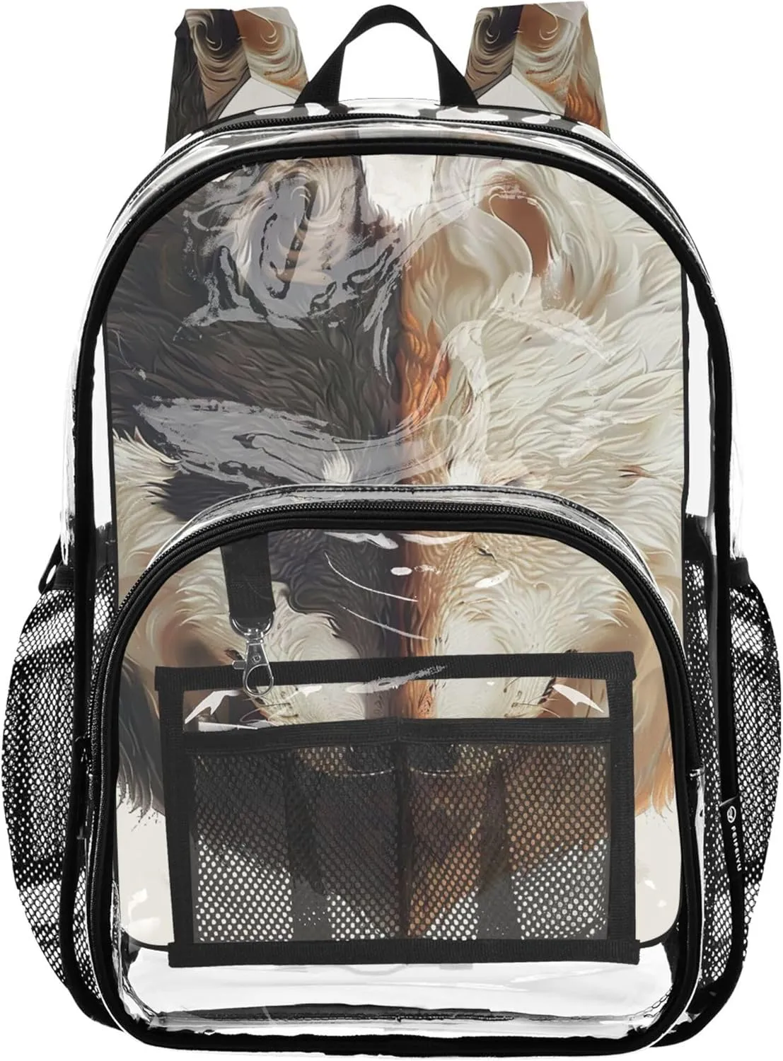 Girls Backpack for Kids Black White Wolves Couples Clear Bag for Women Travel Plastic Transparent Bookbag